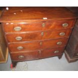 19th century mahogany bow front chest of four long drawers on bracket feet. 90 x 49 x 87 cm