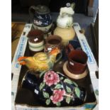 Box of china to include; pottery jugs, Doulton Burslem transfer printed jug depicting cows and