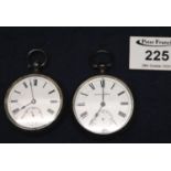Two silver open faced key wind fob watches, both with Roman numerals and seconds dials, one with