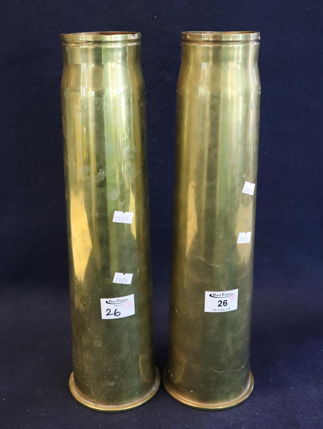 Pair of post Second World War brass 77mm shell cases, 42cm long approx. (2) (B.P. 21% + VAT)