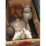 Box of assorted items to include; a pair of book ends in the form of horses heads, pottery vases,