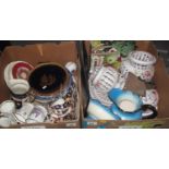 Two boxes of assorted china to include; Imari design bone china part teaset, various cabinet plates,