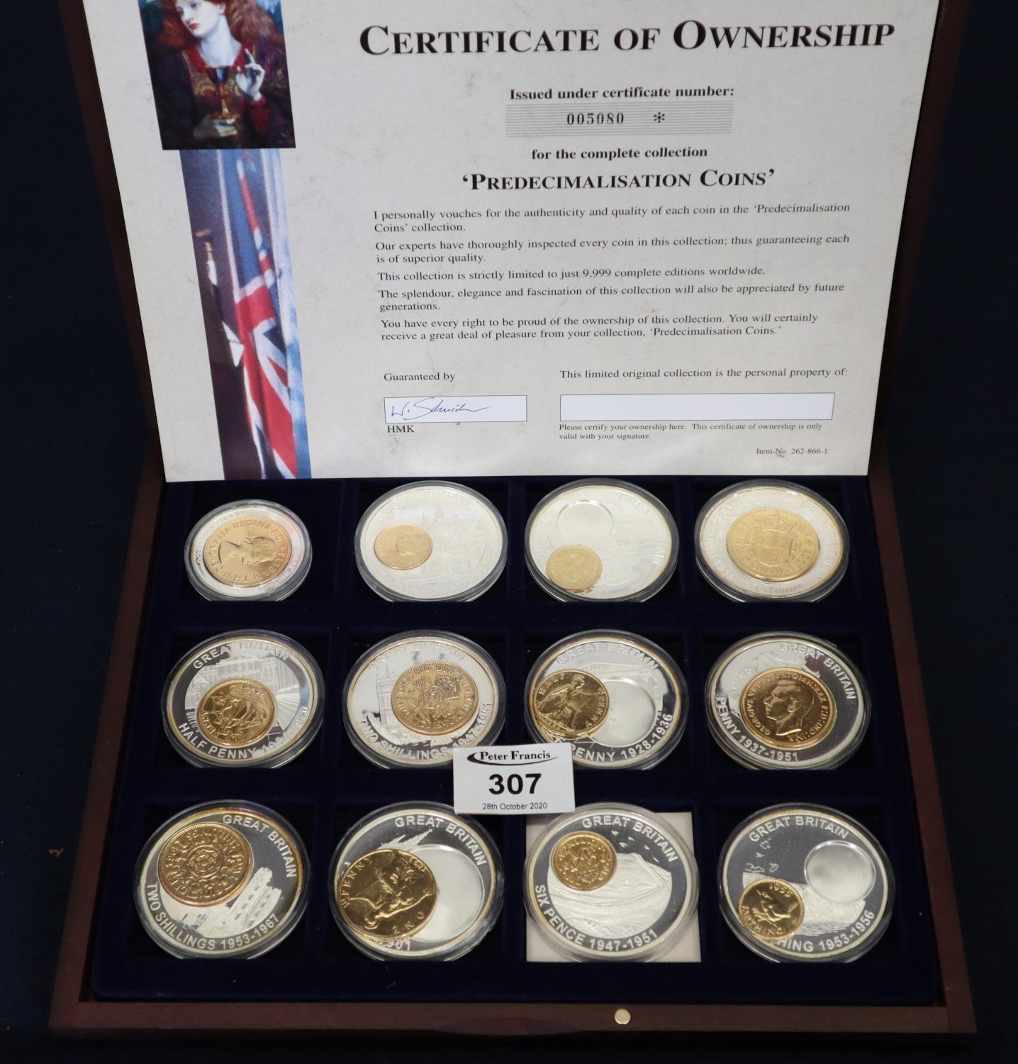 Cased set of Great Britain specimen pre decimalisation coins and some silver plated medallions. (B.