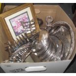 Box of assorted metalware to include; various toast racks, place mats, table candelabra, cream