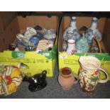 Two boxes of assorted china to include; pair of Delft baluster vases, continental pottery jugs,