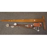 Large mahogany set square and three vintage shooting sticks. (B.P. 21% + VAT)