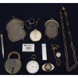 Bag of oddments to include; pocket watch, chain, padlock, mesh purse, fob watch etc. (B.P. 21% +
