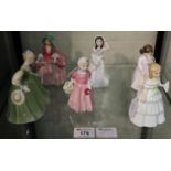 Six Royal Doulton bone china figurines to include; 'Fair Maiden', 'Tinklebell', 'Julie', 'Daddy's