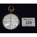 Gold plated Waltham key less lever open faced pocket watch with white enamel face having Roman