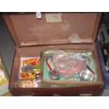 Vintage Pioneer luggage suitcase, the interior comprising a smaller suitcase, child's doll,