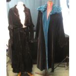 1920'S BLACK VELVET SWING COAT with blue velvet interior and collar and a black velvet probably 30's