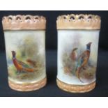 PAIR OF ROYAL WORCESTER PORCELAIN CYLINDER VASES hand painted with brace of pheasants on a mountain,