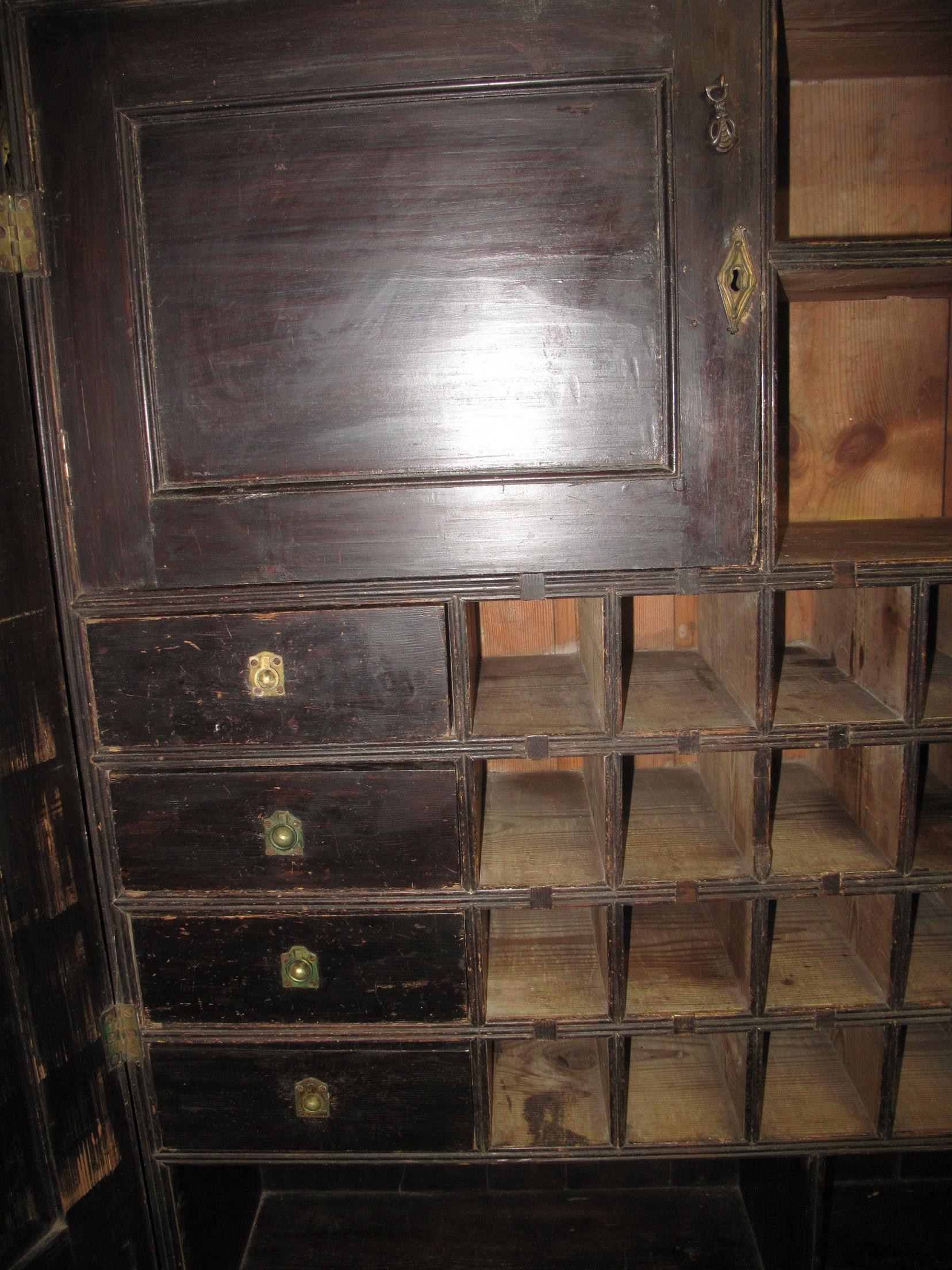 LATE 19TH CENTURY STAINED PINE SOLICITORS CUPBOARD having moulded cornice above two blind panelled - Image 8 of 13