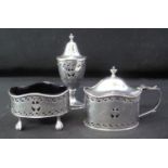 ADAMS STYLE GADROON EDGED ENGRAVED AND PIERCED THREE PIECE CONDIMENT SET to include; open oval