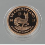 1/4 OZ GOLD PROOF KRUGERRAND dated 2017 with springbok, antelope and special 50 privy mark. 22ct