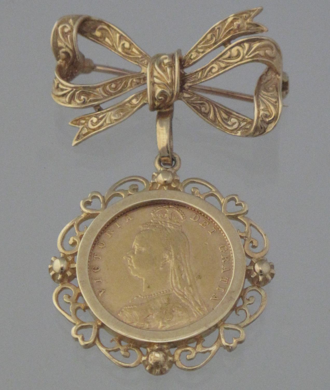 QUEEN VICTORIA GOLD SHIELD BACKED HALF SOVEREIGN 1892 in pendant mount with 9ct gold ribbon