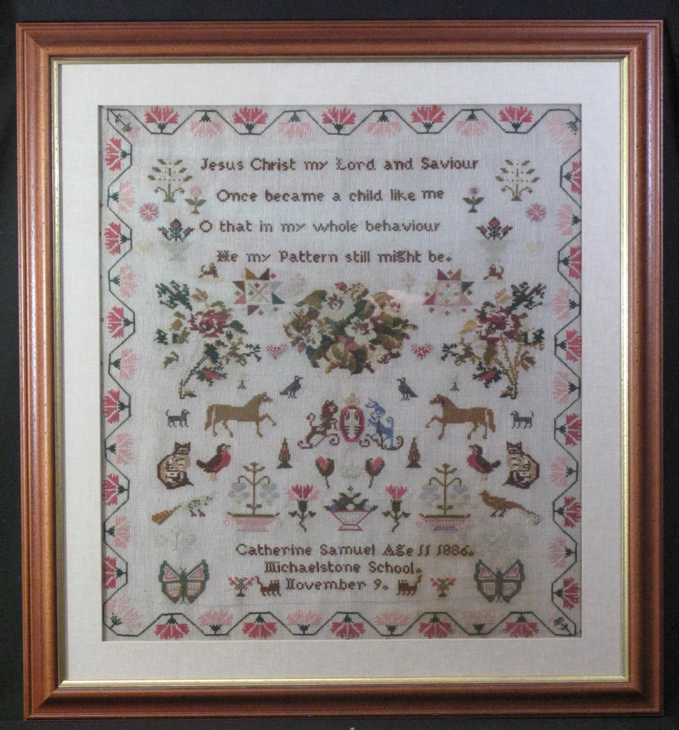 19TH CENTURY CHILD'S TAPESTRY SAMPLER by Catherine Samuel age 11, 1886, Michaelstone School, with