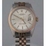 GENT'S ROLEX OYSTER PERPETUAL DATEJUST WATCH, having round stainless steel case with 18ct rose