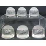 SET OF SIX R LALIQUE 'PINSONS' CLEAR AND OPAQUE GLASS PLACE CARD OR MENU HOLDERS each moulded with