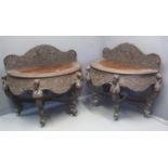 PAIR OF 19TH CENTURY INDO-BURMESE PADOUK WOOD DEMI-LUNE SIDE TABLES each with raised copiously