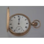 9CT GOLD FULL HUNTER KEY LESS LEVER TOP WIND POCKET WATCH opening to reveal white enamel Roman