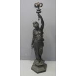 19TH CENTURY BRONZED SPELTER FIGURAL FLOOR OR STANDARD LAMP, in the form of a woman in Grecian dress