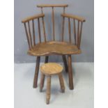 SMALL PRIMITIVE BEECH, ASH AND ELM STICK BACKED CHILD'S CHAIR with raised comb, moulded seat on four