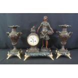 EARLY 20TH CENTURY SPELTER TWO TRAIN CLOCK GARNITURE SET, the clock in boudoir style with