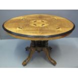 VICTORIAN WALNUT AND MIXED WOODS INLAID TILT TOP CENTRE TABLE of oval form and small proportions,