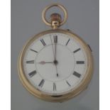 18CT GOLD OPEN FACED KEY LESS LEVER CHRONOGRAPH WRISTWATCH having white enamel Roman face with sweep