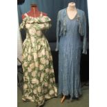 FOUR VINTAGE 1930'S DRESSES to include; two strapless lace dresses with boleros, one pale blue the