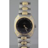 OMEGA BI-METAL STEEL SEAMASTER QUARTZ LADIES BRACELET WATCH having black faced with luminous dot