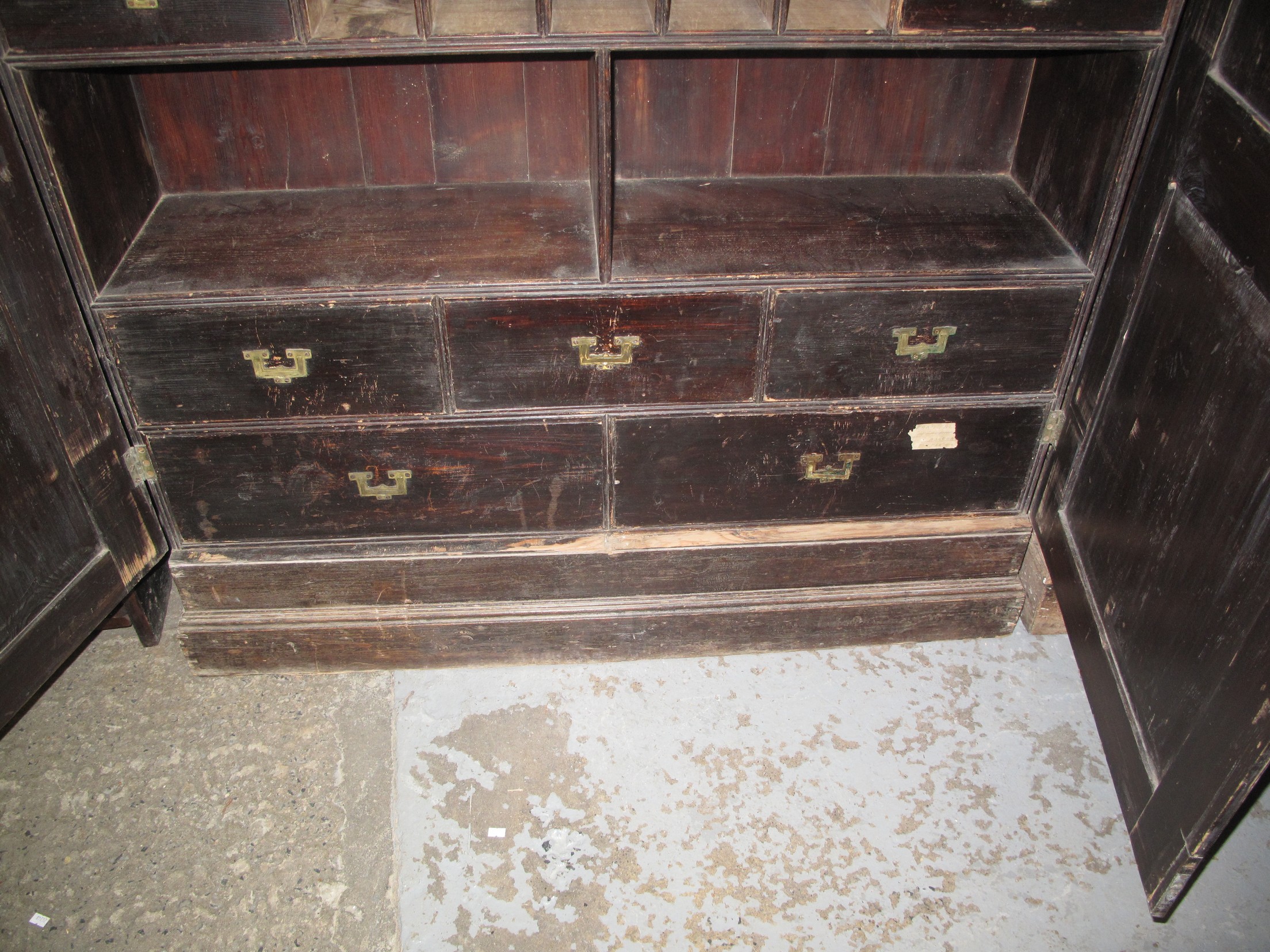 LATE 19TH CENTURY STAINED PINE SOLICITORS CUPBOARD having moulded cornice above two blind panelled - Image 10 of 13
