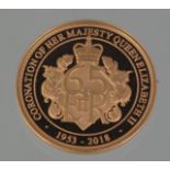 H.M THE QUEEN'S CORONATION 65TH ANNIVERSARY 1953-2018 GOLD PROOF £1 COIN. 22ct gold approx, 7.98g