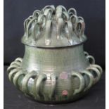 19TH CENTURY EWENNY POTTERY WASSAIL BALUSTER SHAPED MULTI-HANDLED BOWL with similar domed cover,