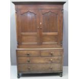 EARLY 19TH CENTURY WELSH OAK TWO STAGE PRESS CUPBOARD having moulded cornice above two ogee blind