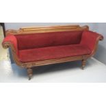 VICTORIAN MAHOGANY DOUBLE ENDED SOFA having carved foliate back, the upholstered scroll arms with