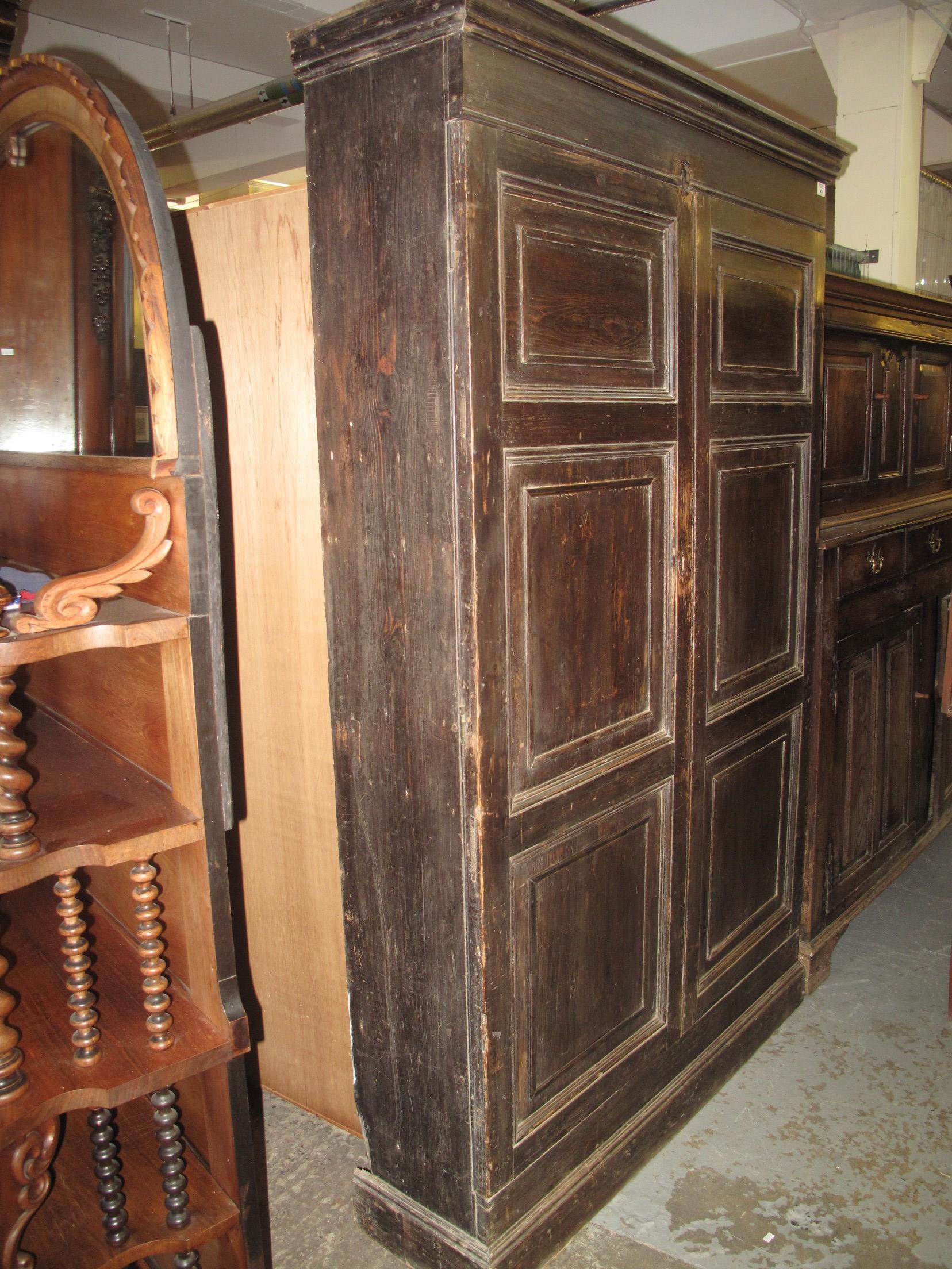 LATE 19TH CENTURY STAINED PINE SOLICITORS CUPBOARD having moulded cornice above two blind panelled - Image 6 of 13