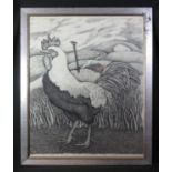 SEREN BELL (Welsh, contemporary), study of a proud cockerel in a landscape, pen and ink. 78 x 65cm