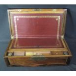 19TH CENTURY MAHOGANY AND COROMANDEL WRITING SLOPE, the case with strung inlaid panels and brass