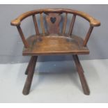 PRIMITIVE OAK, ASH AND ELM HOOP BACKED ELBOW CHAIR with heart shaped splat moulded seat and tapering