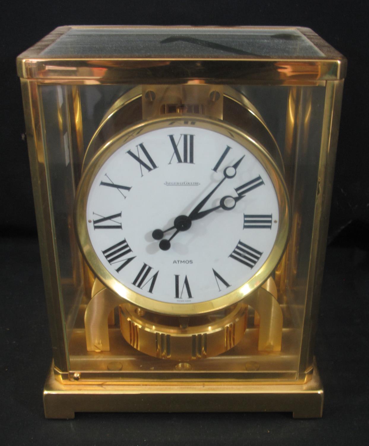 JAEGER LE COULTRE ATMOS CLOCK, Swiss made on a brass frame and base with glass panels, serial no. to