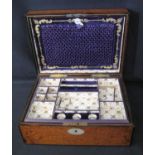 19TH CENTURY BIRDS EYE MAPLE LADIES WORK BOX having hinged cover with mother of pearl escutcheon,