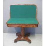19TH CENTURY MAHOGANY CARD TABLE, the hinged lid revealing a green baize above cylinder pedestal,