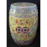 CHINESE PORCELAIN LATE QING IMPERIAL YELLOW GROUND POLYCHROME BARREL SHAPED GARDEN OR CONSERVATORY