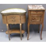 FRENCH MIXED WOODS AND INLAID KIDNEY SHAPED BEDSIDE CABINET having marble top and gilt metal gallery