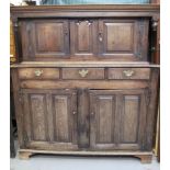 18TH CENTURY WELSH OAK DEUDDARN having moulded cornice flanked by two turned drop finials, two blind