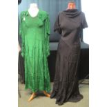 THREE VINTAGE 1930'S LONG DRESSES; one long sleeve green with wide collar, one black and gold fabric