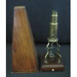 LATE 18TH/EARLY 19TH CENTURY CULPEPER TYPE MONOCULAR BRASS MICROSCOPE with three scrolled