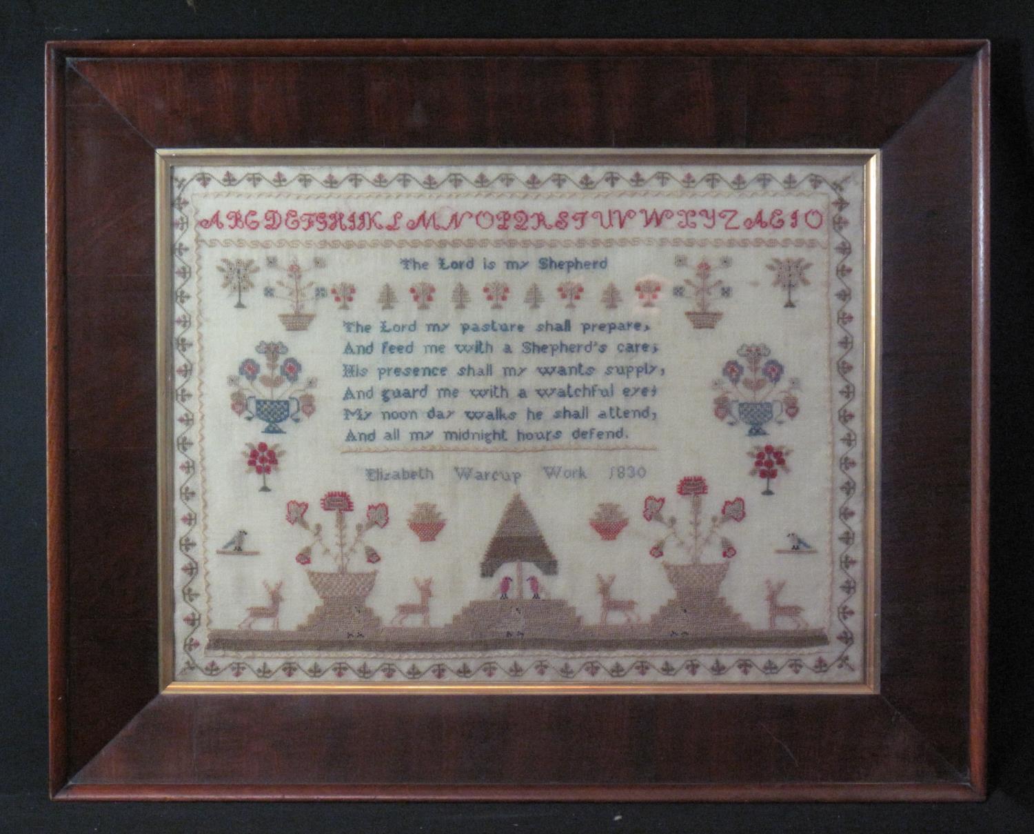 19TH CENTURY CHILD'S NEEDLEPOINT SAMPLER by Elizabeth Warcup, 'Work 1830', with religious text '